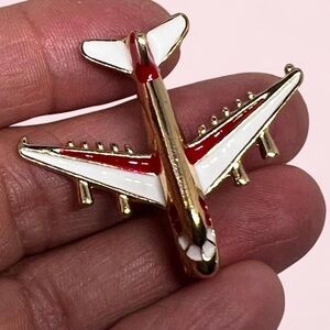 New Gold Tone Red & White Airplane Pin